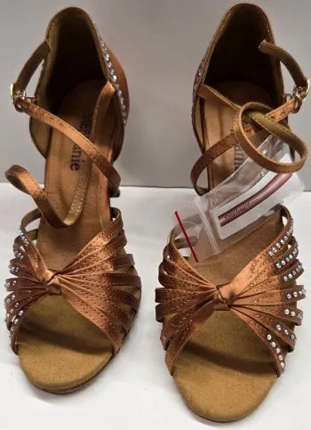 3.5" Aurora -- Women's Gold Flare Heel Latin Sandal -- Dark Tan Satin