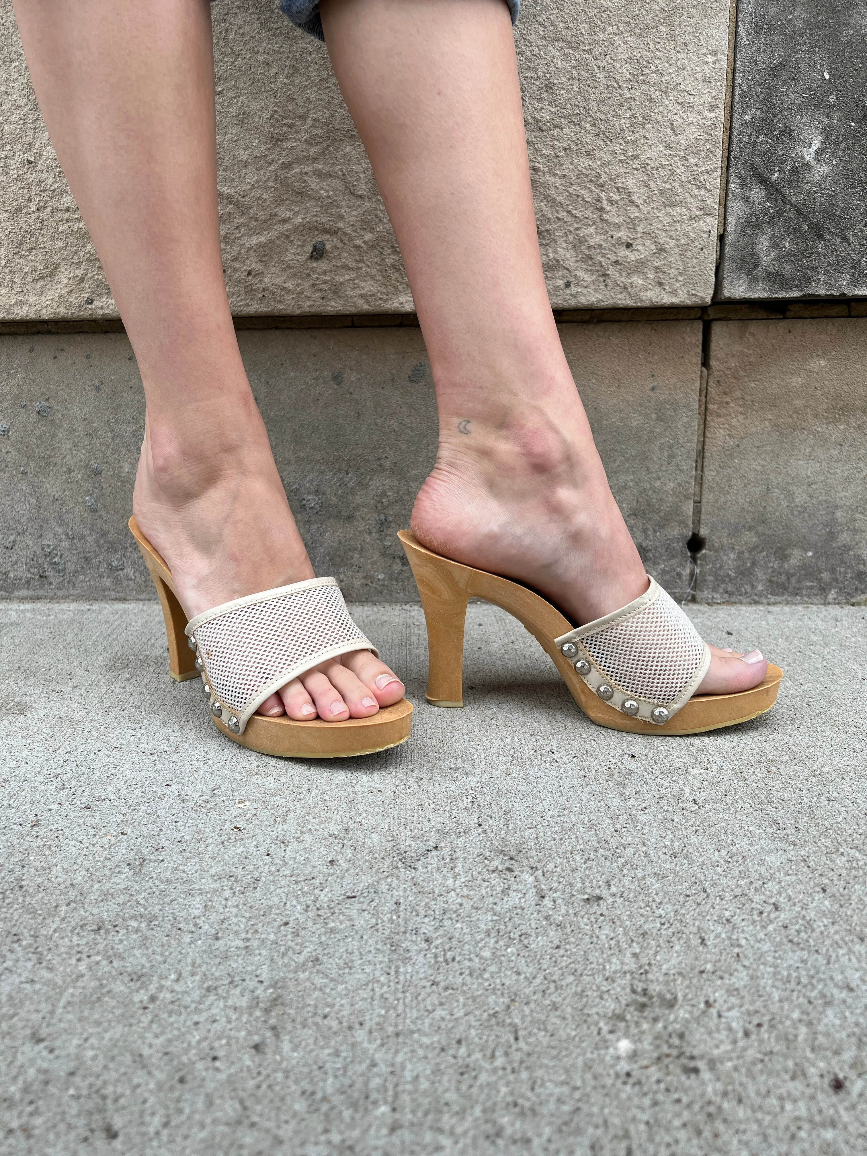 70s Ivory Mesh Mule Heel Platform Sandals