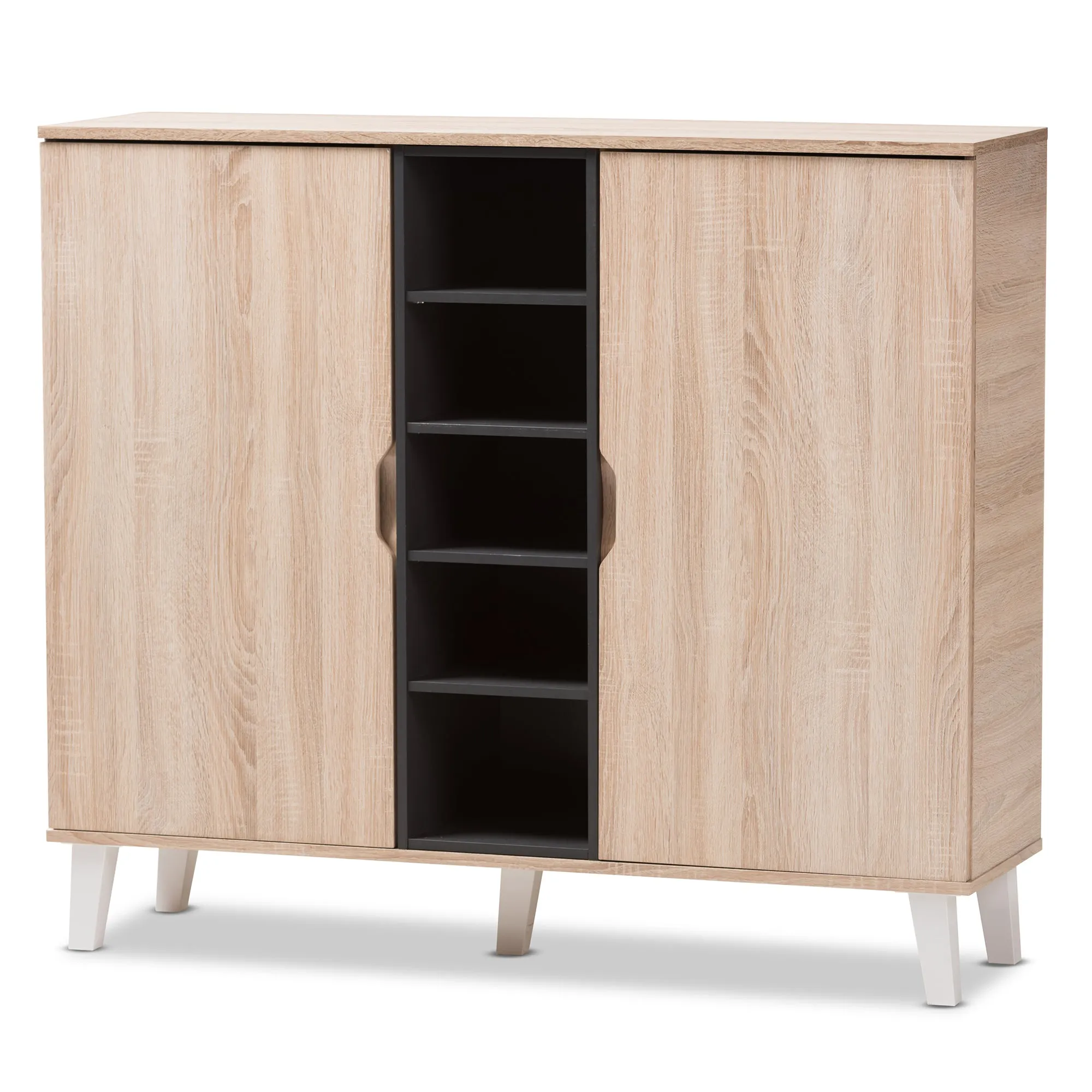 Adelina Mid-Century Modern Oak and Grey Shoe Cabinet with Ample Storage and Stylish Design