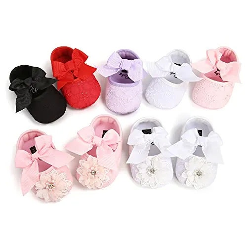 Baby Girls Mary Jane Flats with Bowknot Floral Princess Wedding Dress Shoes Soft Newborn Infant Crib First Walker Prewalker
