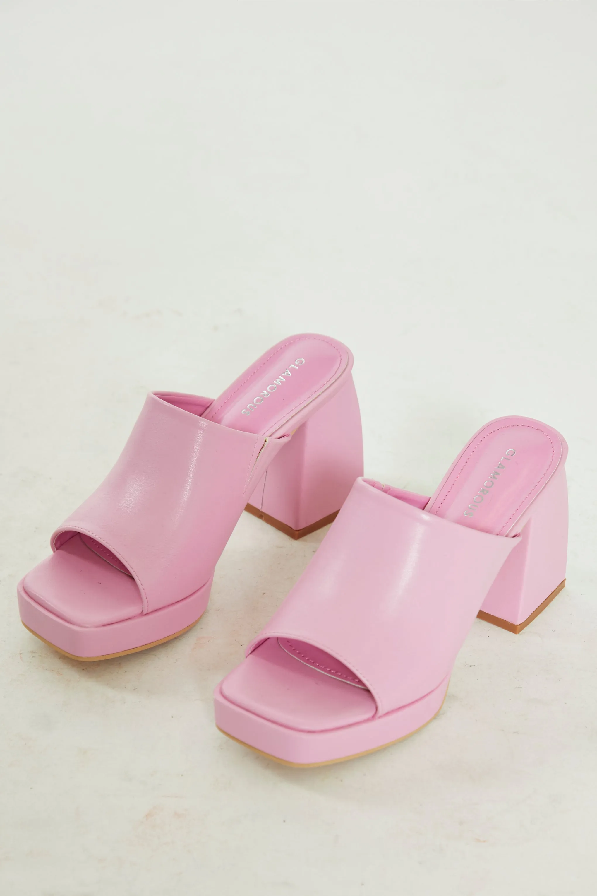 Glamorous Pink PU Block Heel Mules
