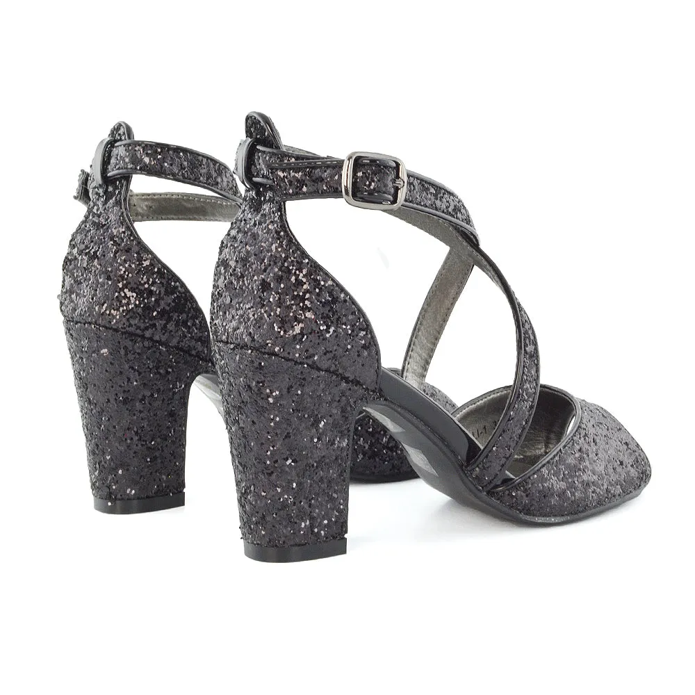 HARLOW CROSS OVER STRAPPY BUCKLE PEEP TOE BLOCK HIGH HEELS IN BLACK GLITTER