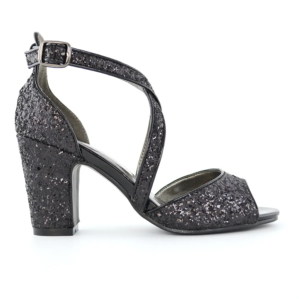 HARLOW CROSS OVER STRAPPY BUCKLE PEEP TOE BLOCK HIGH HEELS IN BLACK GLITTER