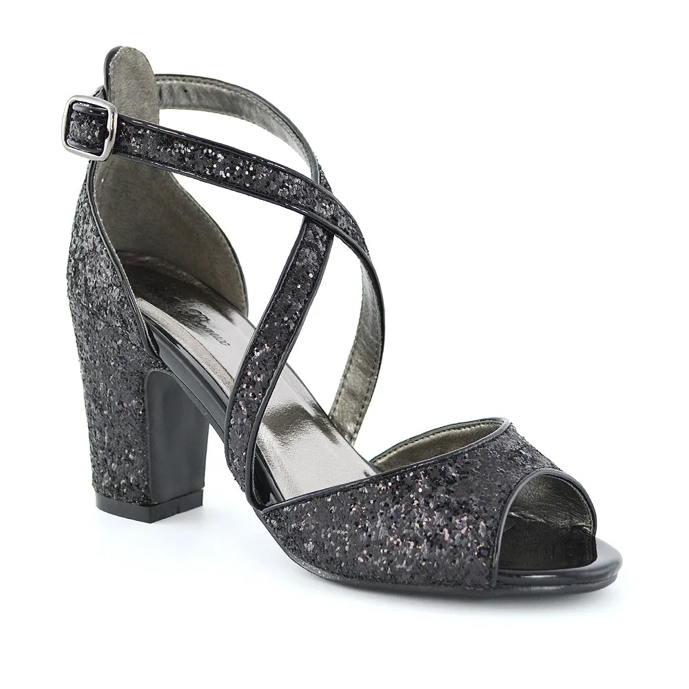 HARLOW CROSS OVER STRAPPY BUCKLE PEEP TOE BLOCK HIGH HEELS IN BLACK GLITTER