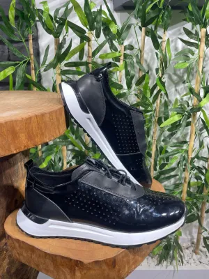 HolloMen Black Patent Leather Perforated Sneakers.