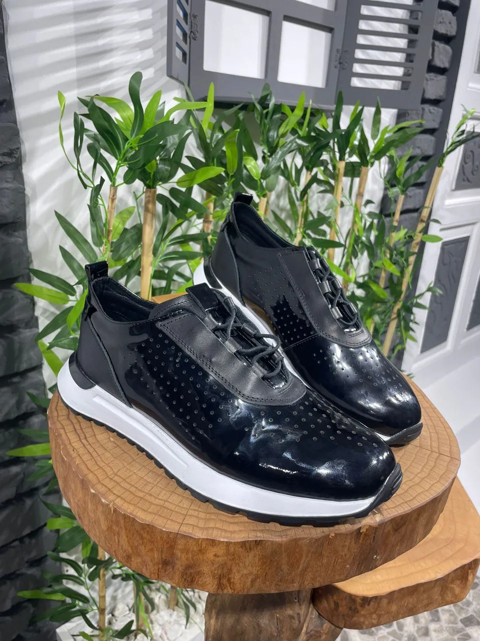 HolloMen Black Patent Leather Perforated Sneakers.