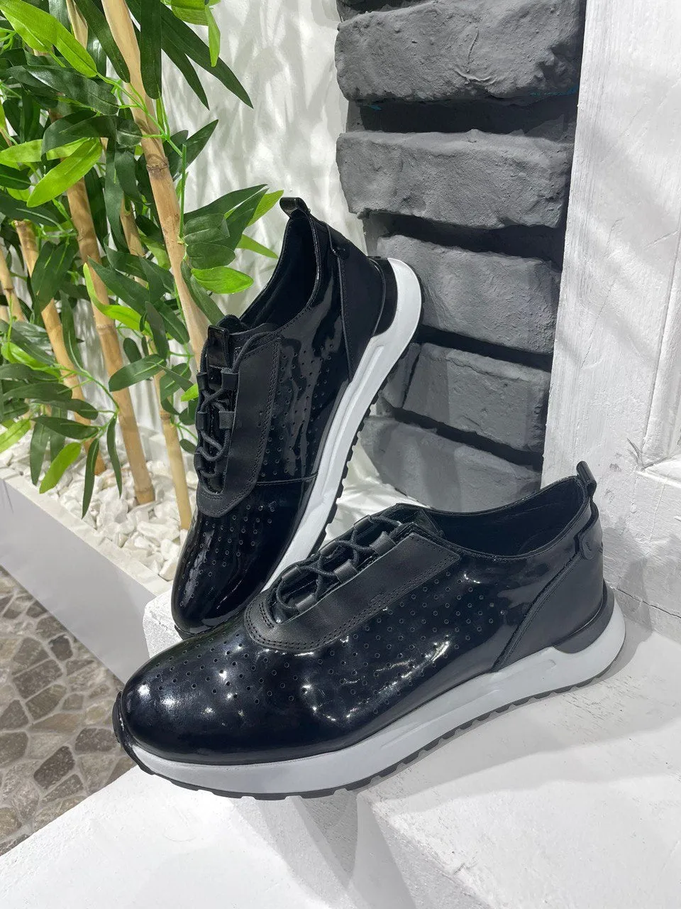 HolloMen Black Patent Leather Perforated Sneakers.