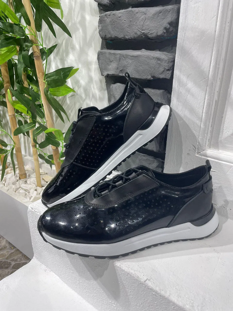 HolloMen Black Patent Leather Perforated Sneakers.