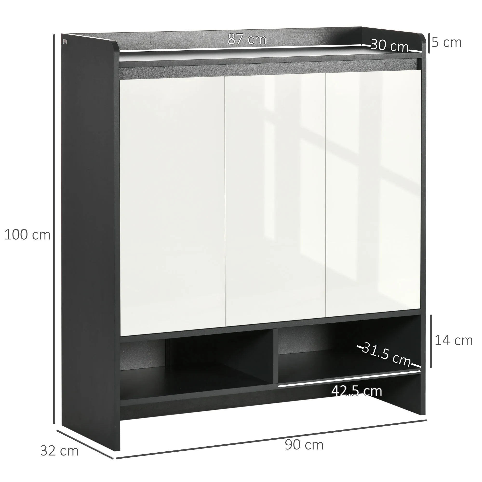 HOMCOM High Gloss Shoe Cabinet with White Doors and Open Shelves, Hallway Shoe Cupboard Storage Organizer for 19 Pairs of Shoes, Grey