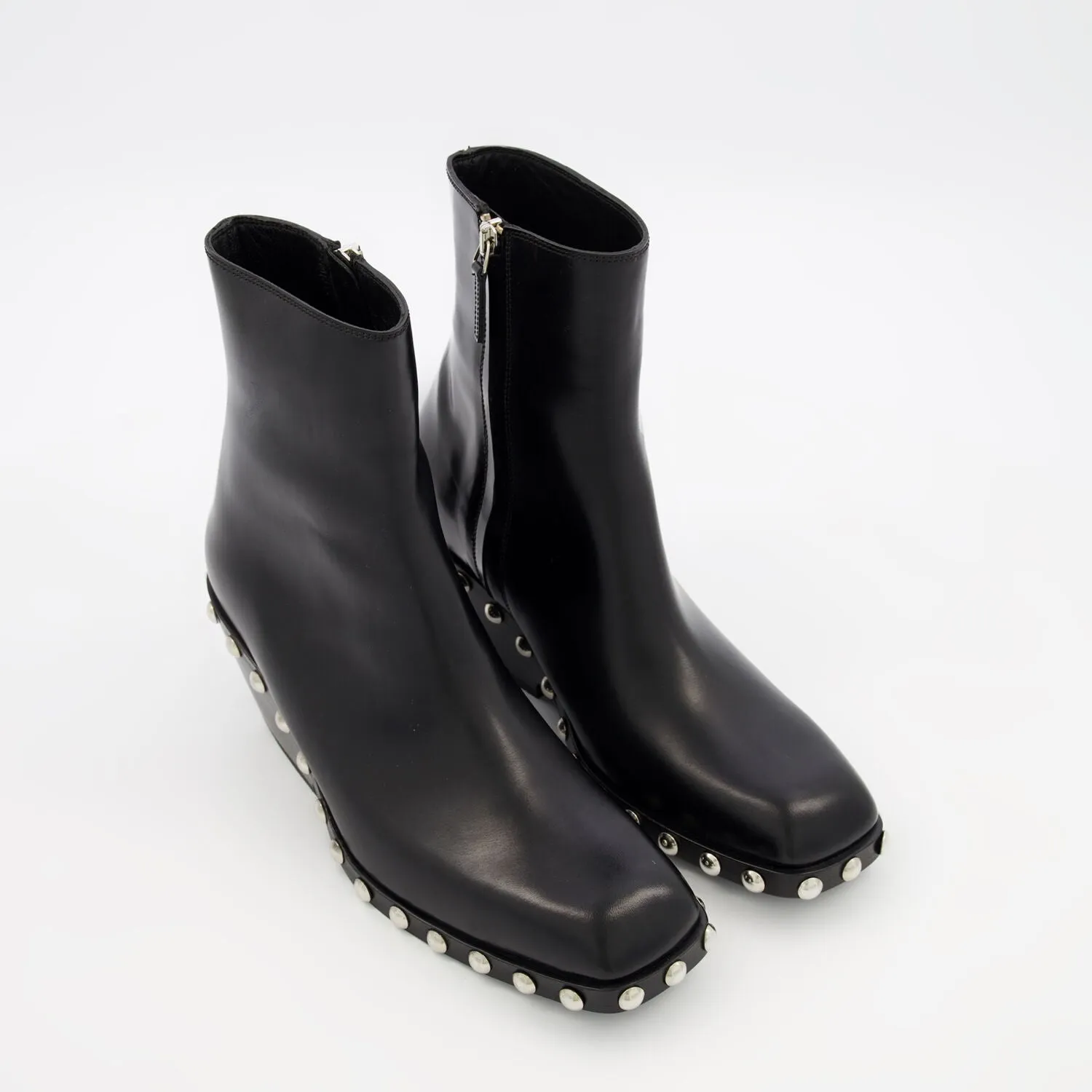 KHAITE  Black Leather Studded Heeled Ankle Boots