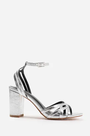 KYLEIGH WIDE FIT MID BLOCK HEEL WITH CROSS OVER STRAP DETAILING IN SILVER CRINKLE FAUX LEATHER