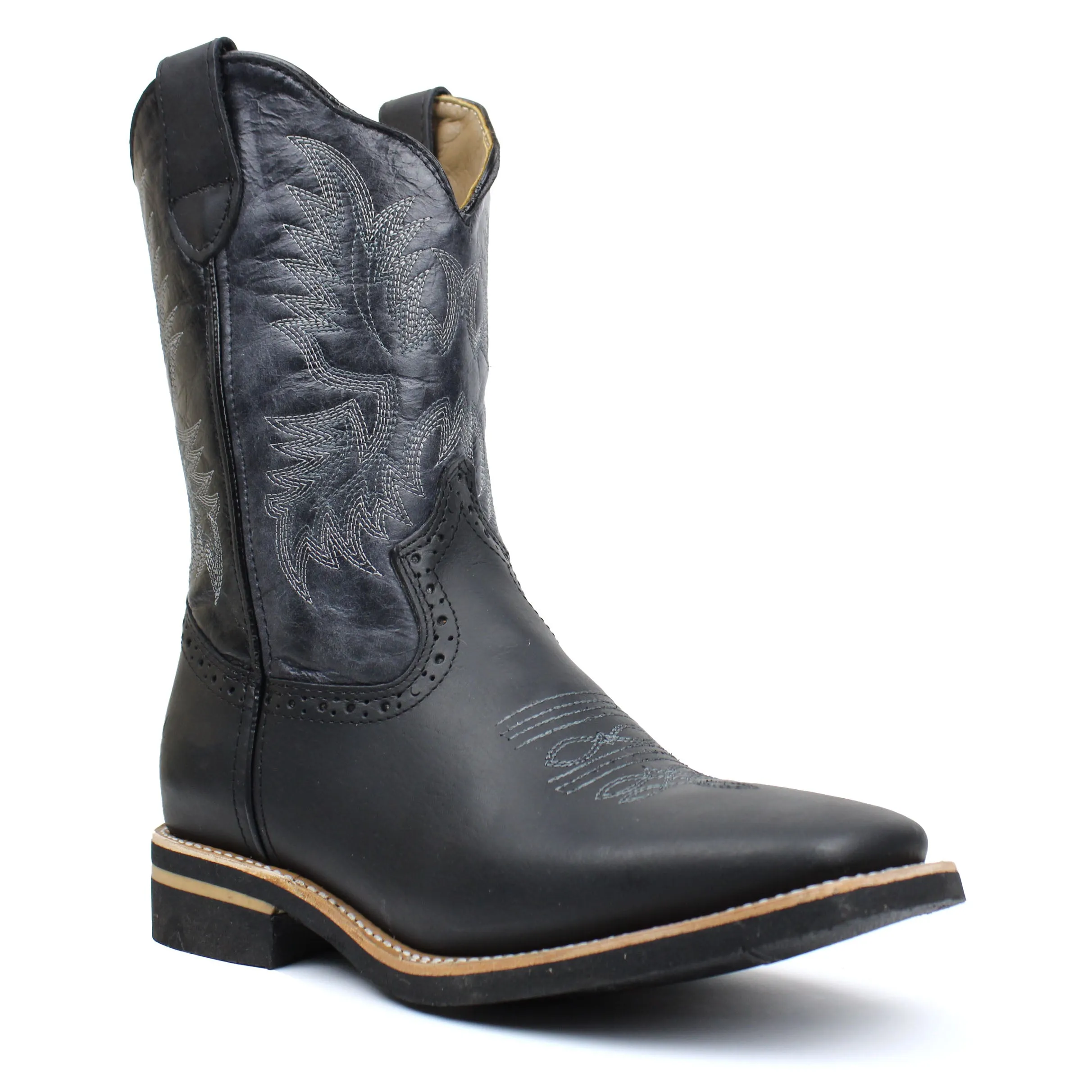 Men's Black Genuine Leather Western Cowboy Boots Rodeo Square Toe Botas Vaqueras