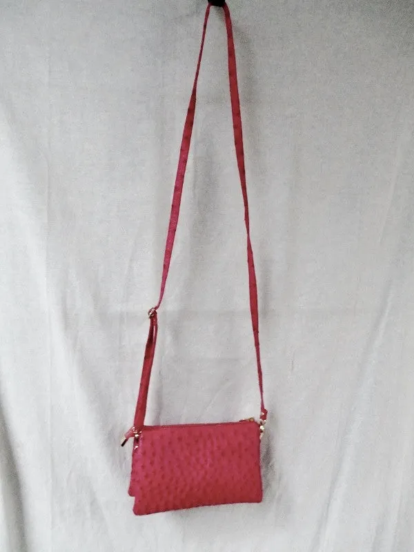 Mini messenger shoulder crossbody travel bag wallet FAUX OSTRICH RED wristlet