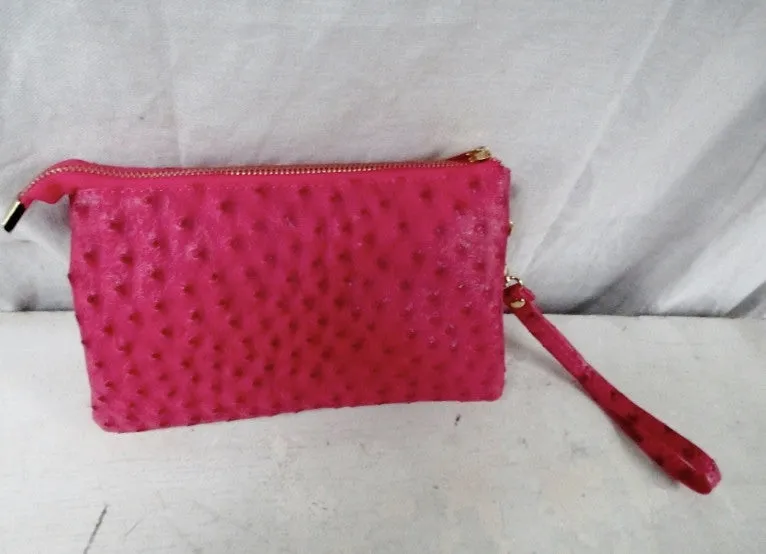 Mini messenger shoulder crossbody travel bag wallet FAUX OSTRICH RED wristlet