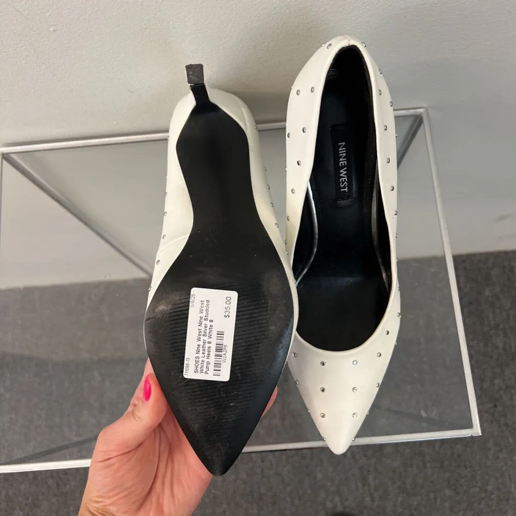 Nine West White Leather Silver Studded Pump Heels 8