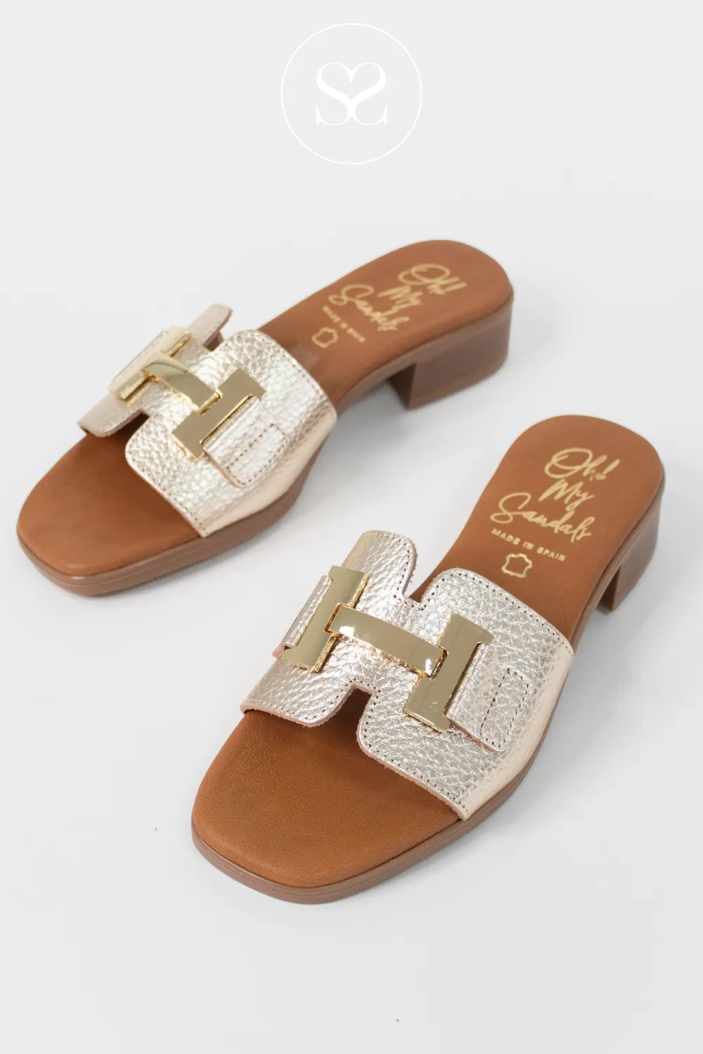 OH MY SANDALS 5605 GOLD LEATHER HEELED SLIDER SANDALS