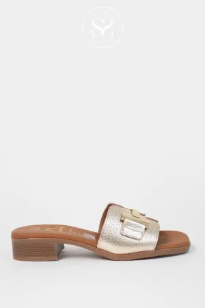 OH MY SANDALS 5605 GOLD LEATHER HEELED SLIDER SANDALS