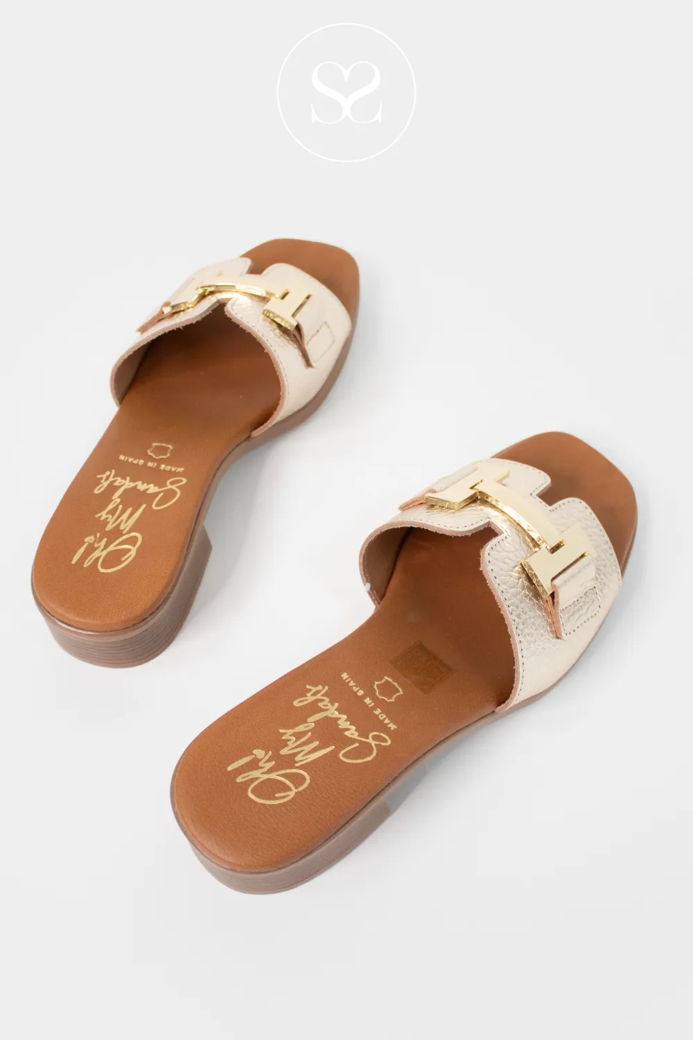 OH MY SANDALS 5605 GOLD LEATHER HEELED SLIDER SANDALS