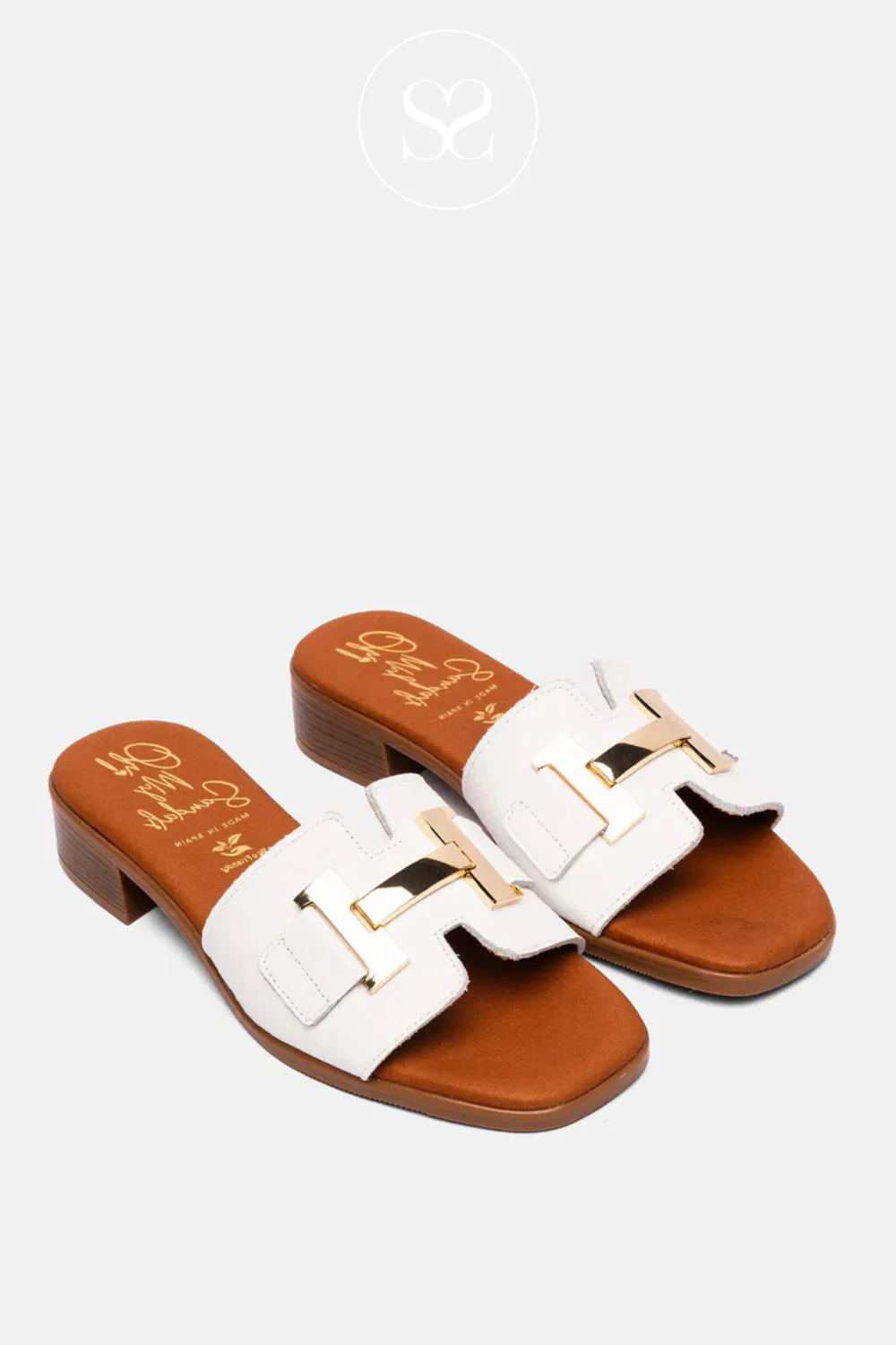 OH MY SANDALS 5605 WHITE LEATHER HEELED SLIDER SANDALS