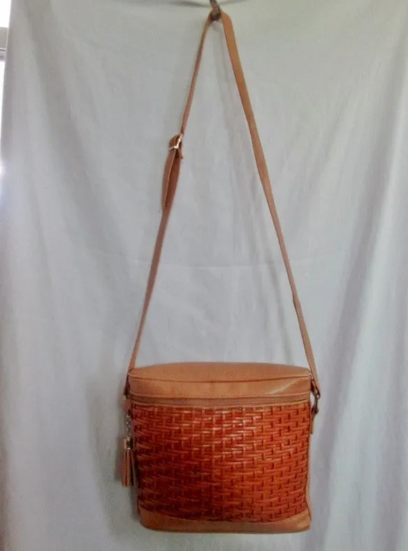 PANTERA leather woven shoulder handbag purse crossbody case WHISKEY BROWN bag M