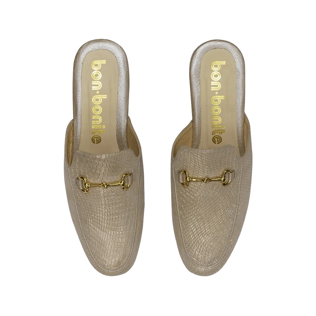 Satin gold mule in folia embossed leather