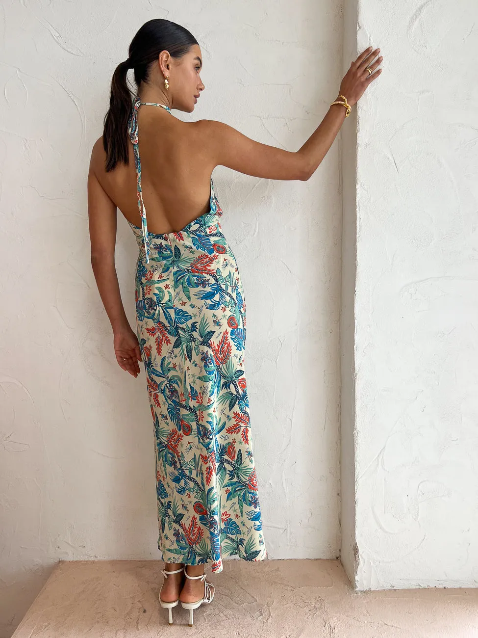 Shona Joy Malia Cross Front Halter Midi Dress in Oatmeal/Multi