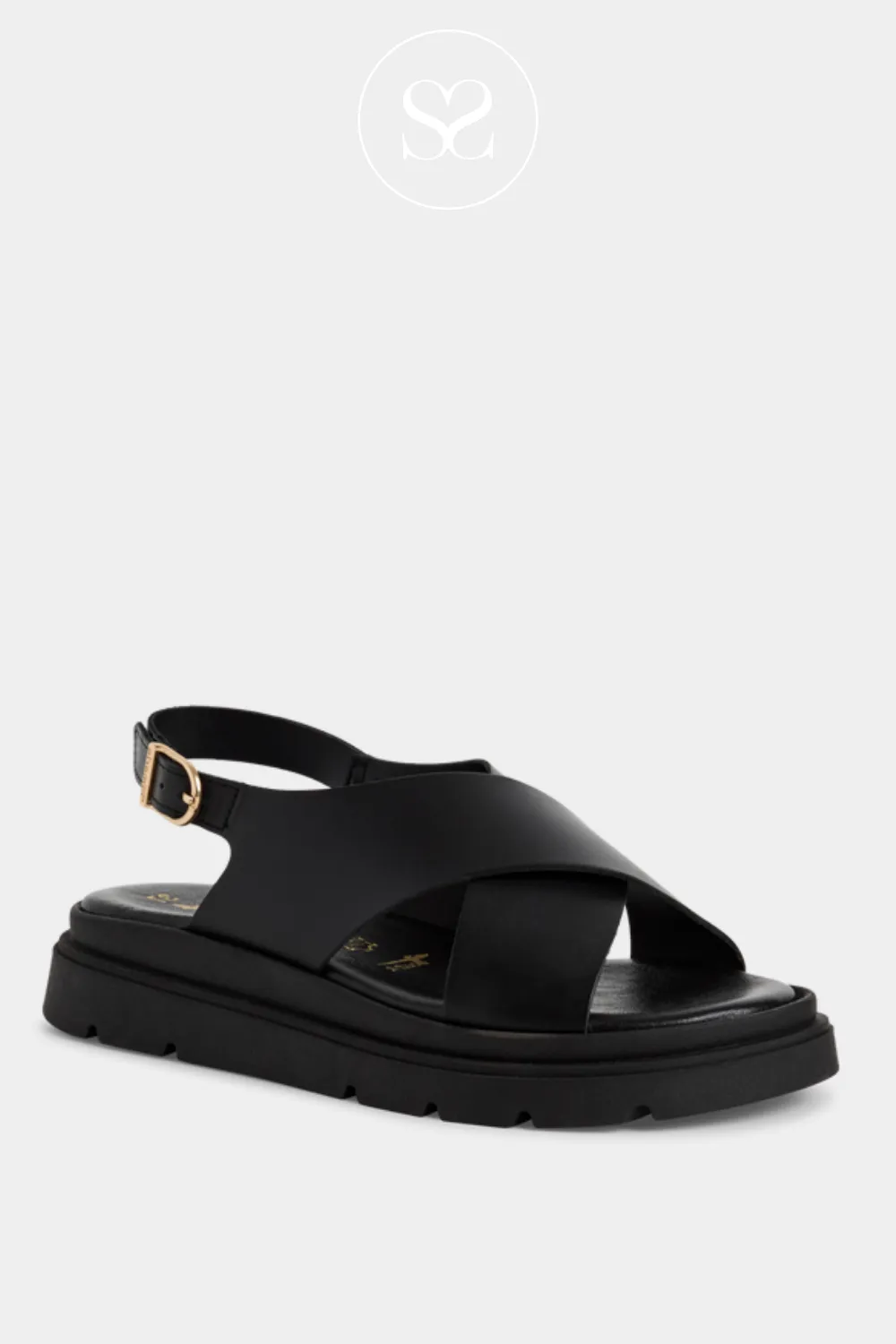 TAMARIS 1-28270-42 BLACK LEATHER CRISS-CROSS STRAP SLINGBACK WEDGE SANDALS