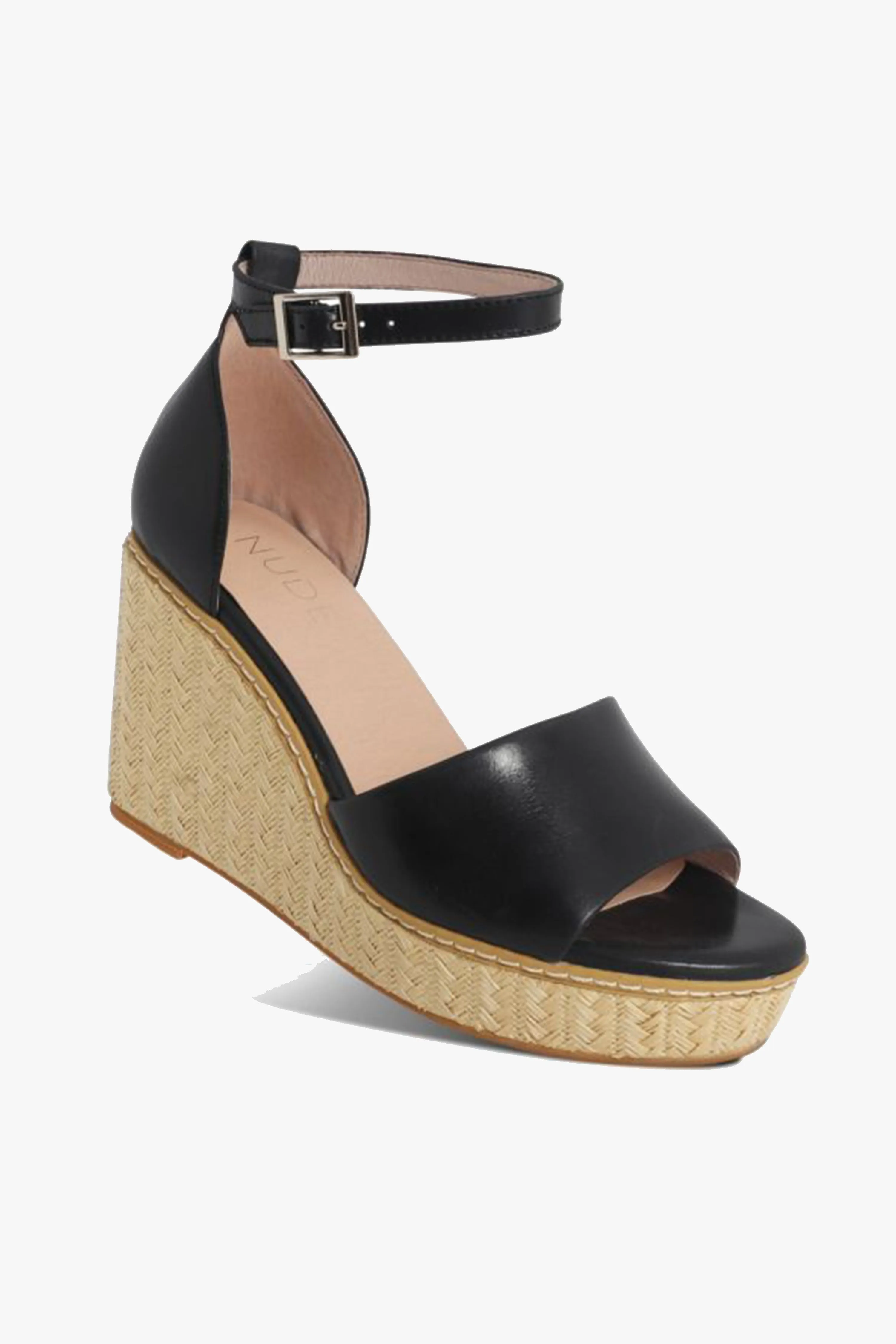 Tilley Black Ankle Strap Woven Wedge Heel